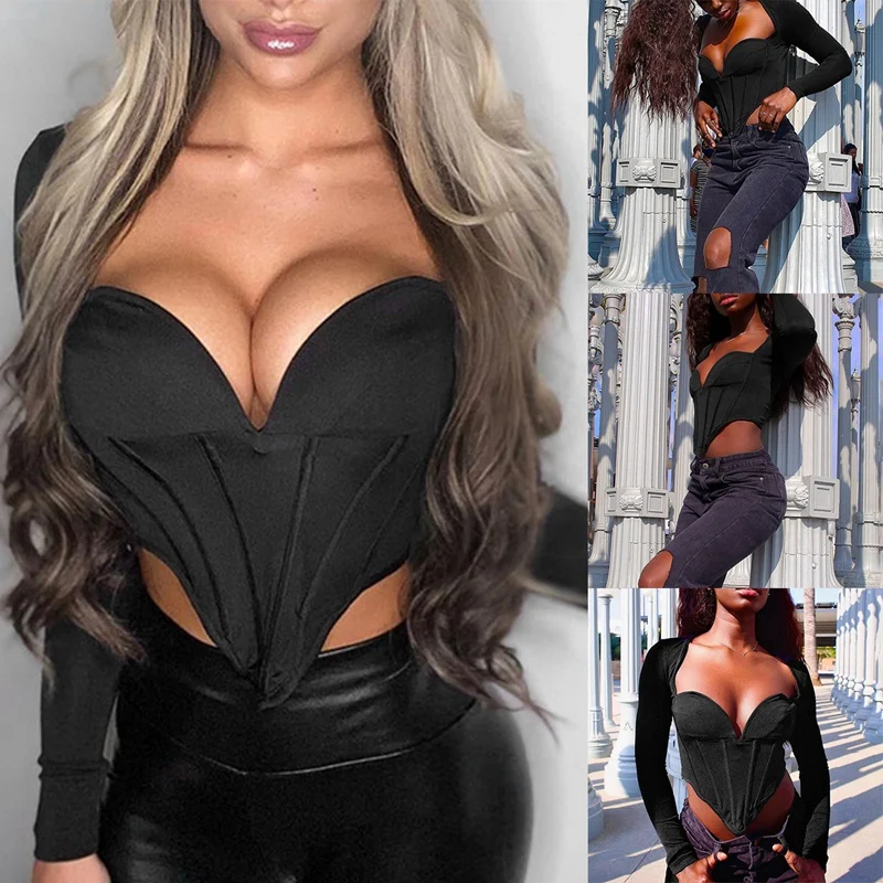 

Популярный женский модный сексуальный однотонный корсет Kf с длинным рукавом и квадратным вырезом, топы с острым носком, черный