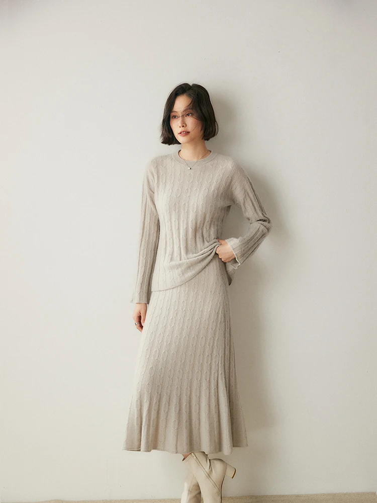 Женский свитер из 100% кашемира пуловер с круглым вырезом плиссированная юбка