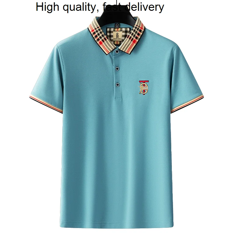 

Мужская деловая рубашка-поло, синяя Повседневная однотонная Простая рубашка-поло с короткими рукавами, из дышащего материала, 850