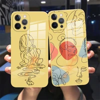 line drawing abstract art glass phone case for iphone 11 12 13 pro max 12 13 mini fashion lemon yellow tempered glass case