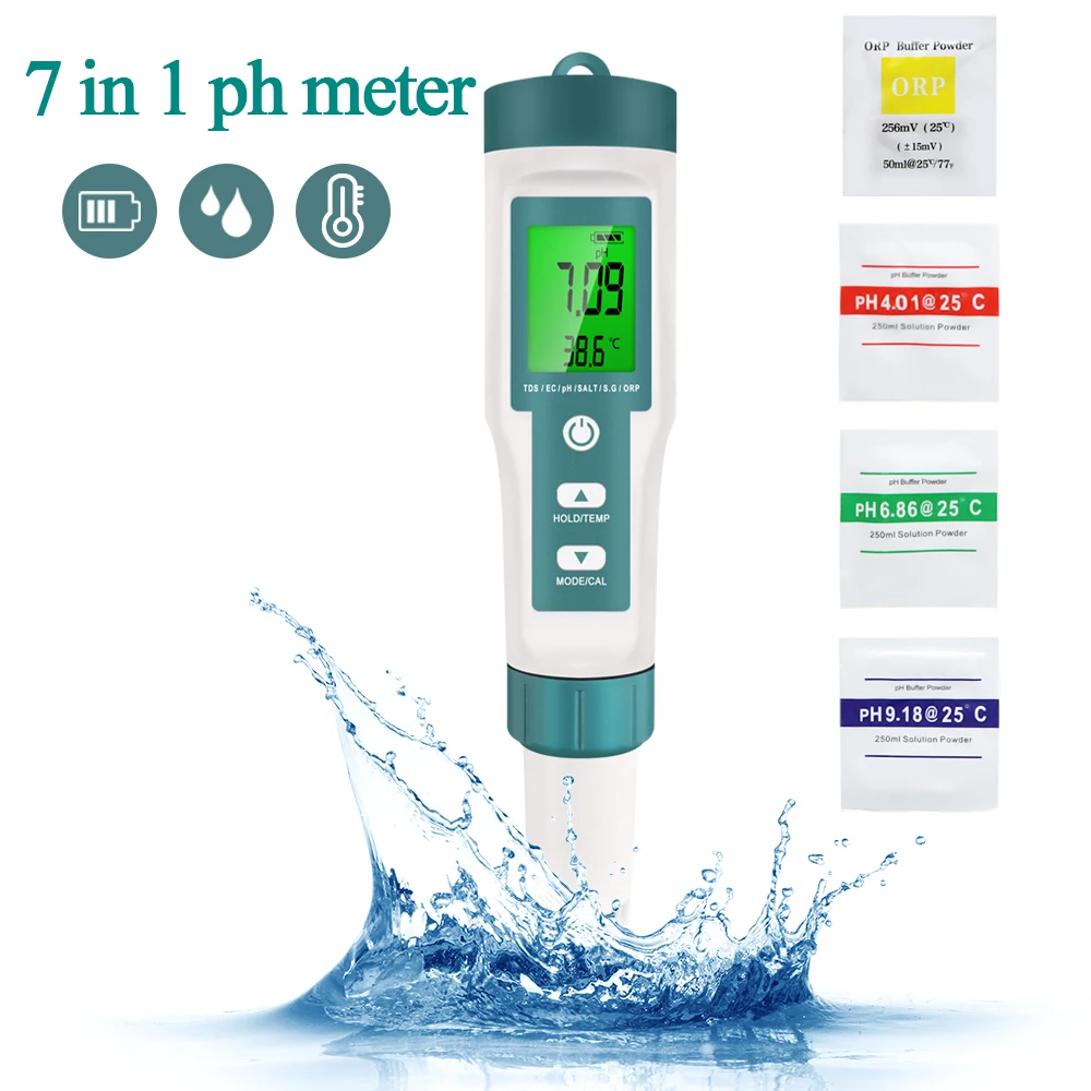 2022 New 7 in 1 TDS/EC/SALT/SG/ORP/Temp/PH Meter Water Quality Monitor COM-60 IP67 PH Tester for Water Aquariums Food Drinking