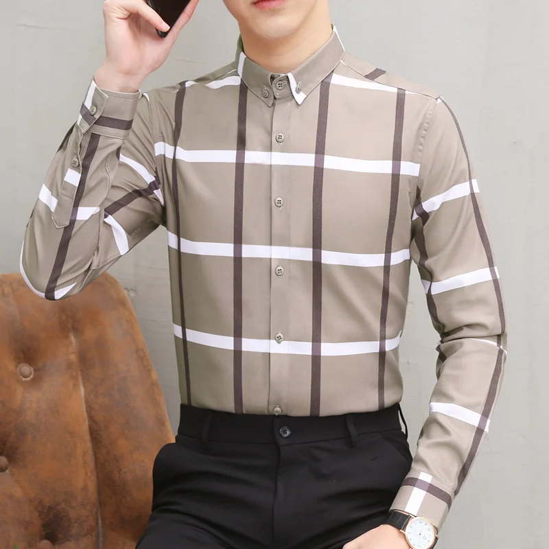 Mens Plaid Shirts Long Sleeve Slim Fit Business Casual Fashion Button Down Shirts Male Clothing