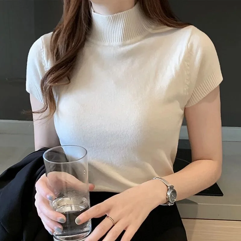 

Basic Knit Turtleneck Women T Shirt Summer Spring Ribbed Cotton Pullover Tops Soft Female Short Sleeves Tshirt 10 Colors
