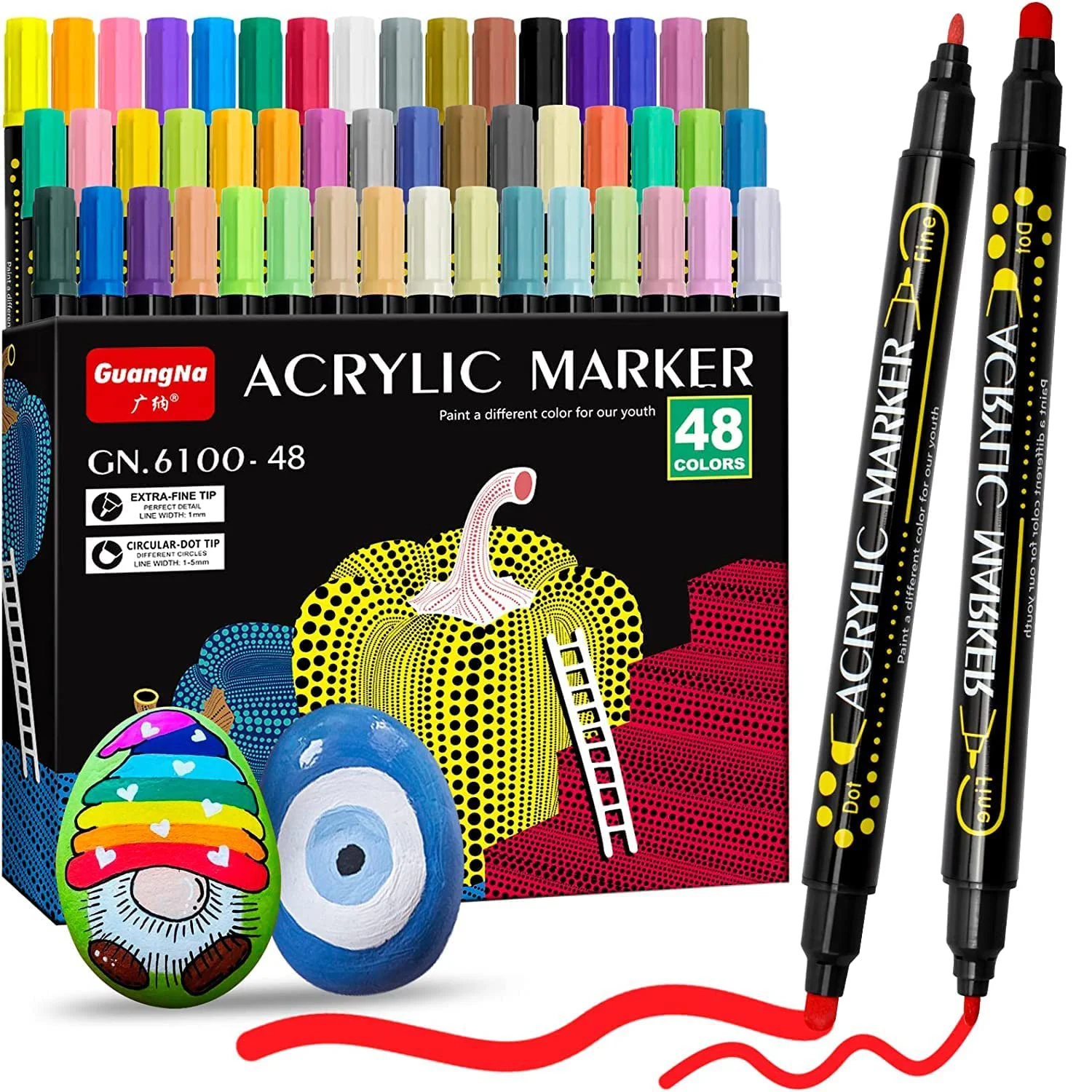 

48 Colors Paint Markers Paint Pens, Dual Tip Acrylic Paint Pens for Wood, Rock Painting, Canvas, DIY Crafts Making Art Supplies