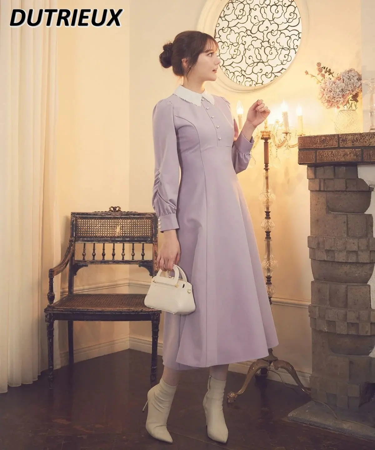 

Japanese Style High-end Elegant Long Sleeve Dress Detachable Embroidered Collar Lady's Solid Color Large Swing Long Dress