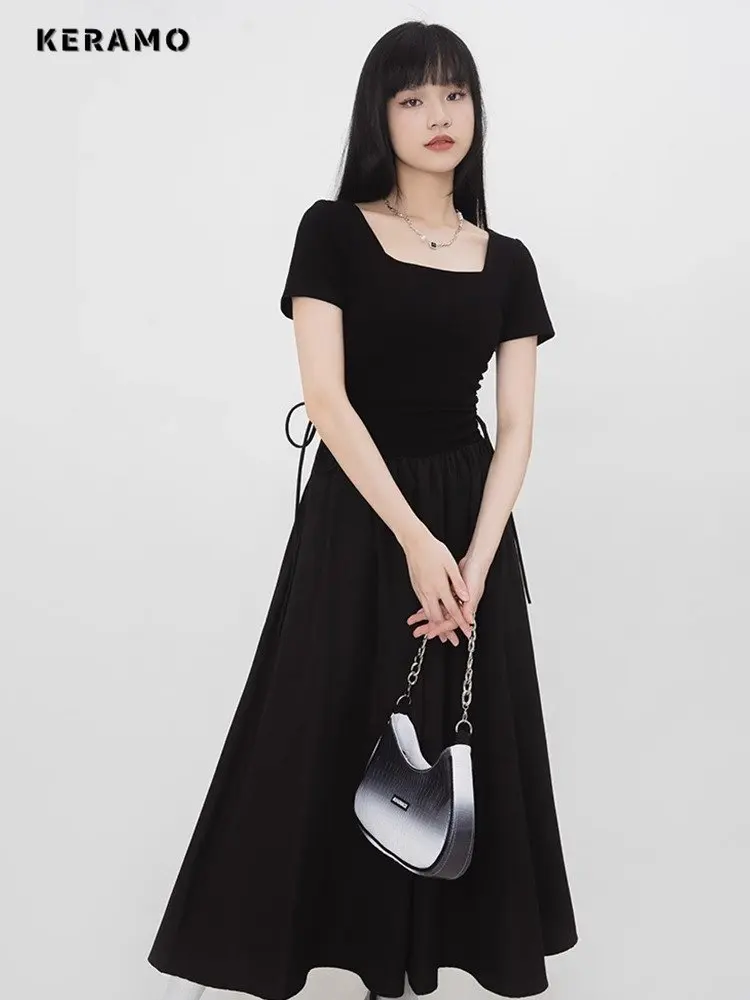 

2023 Summer Vintage Short Sleeve Square Collar Solid Color Midi Dresses Women's Causal Shirring High Waist A-Line Pleated Dress