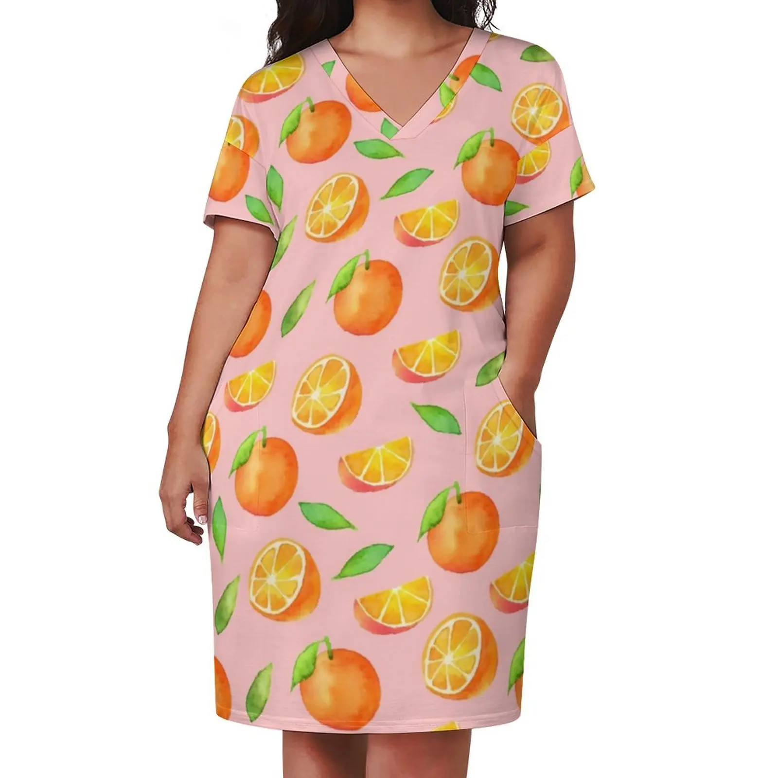 Watercolor Oranges Casual Dress Summer Fresh Fruit Print Cute Dresses Female V Neck Pattern Street Style Dress Plus Size 5XL