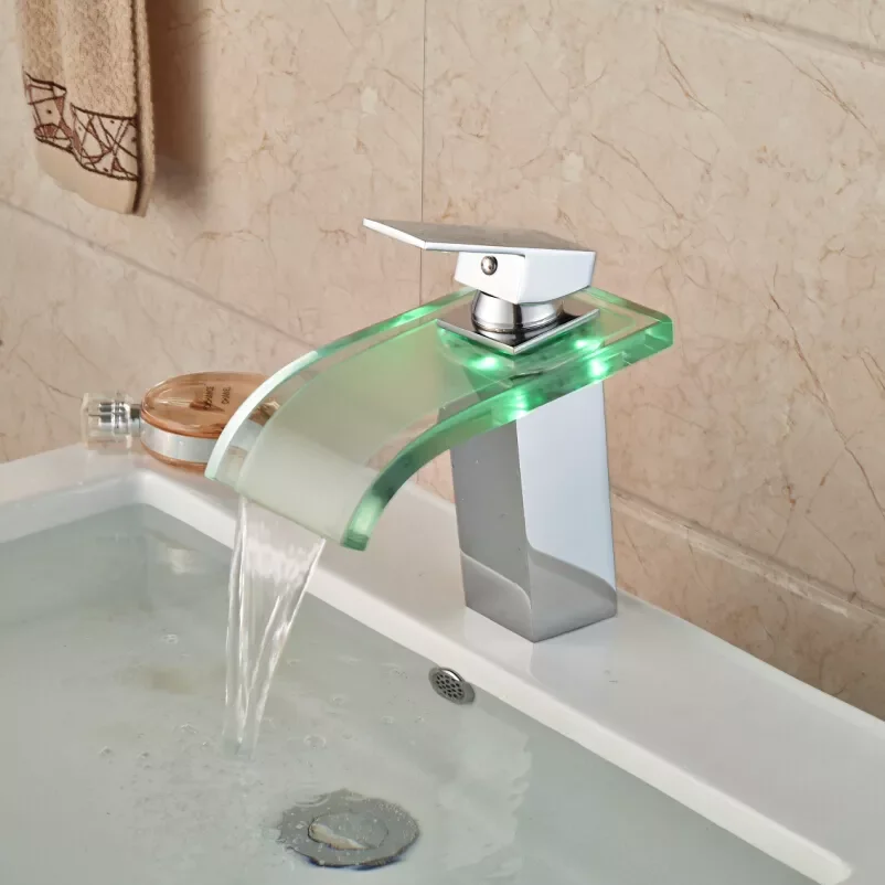 

Luxury LED Color Changing Waterfall Basin Sink Faucet Single Handle Deck Mounted Hot and Cold Mixer Taps