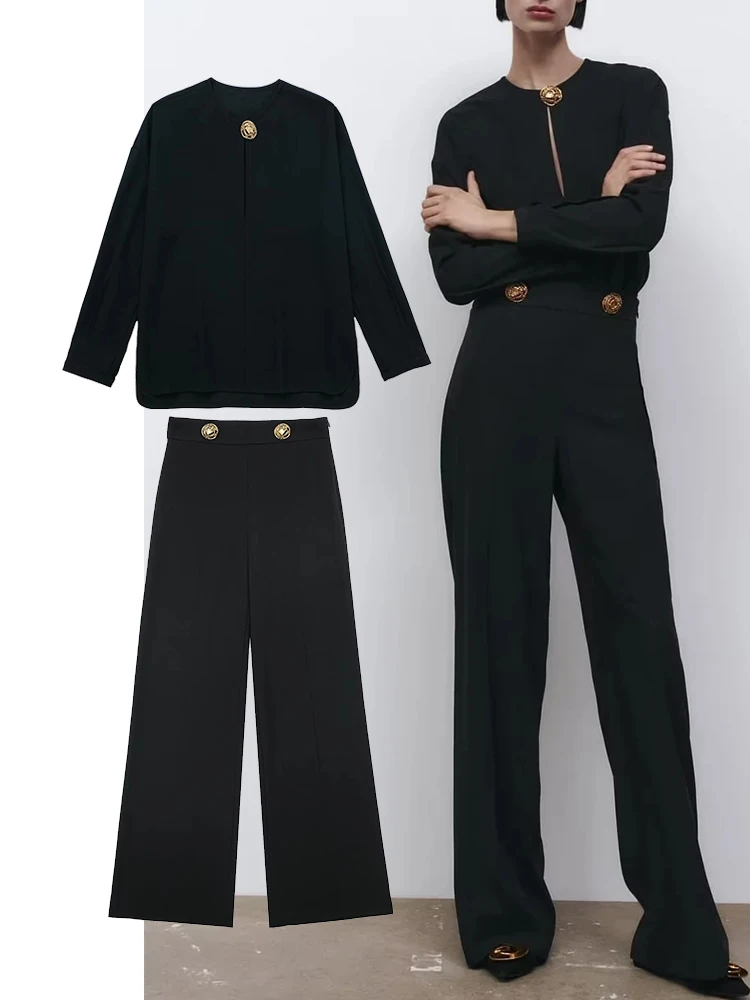 

TRAF Woman 2 Pieces Sets Fashion Blouse Pants Sets Suit Tops + Slim Long Elastic Waist Pants Outwear