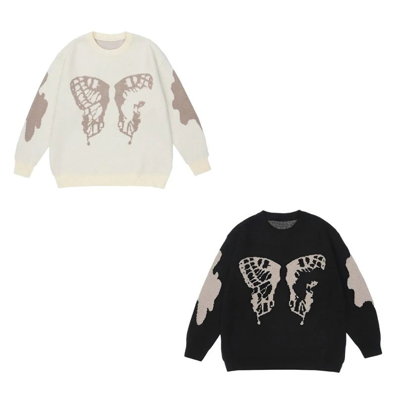 

95AB Универсальный вязаный свитер с круглым вырезом, пуловер, топы с длинными рукавами, подходит для мужчин и женщин