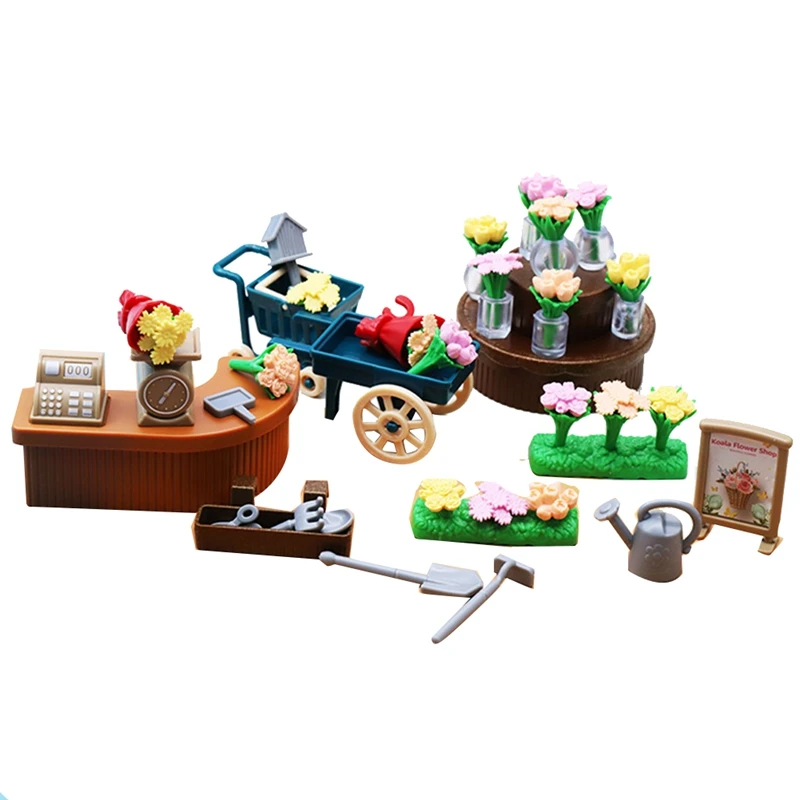 

1:18 Mini Simulation Flower Shop Set Trolley Micro-Landscape Decoration Dollhouse Children Play House Toys