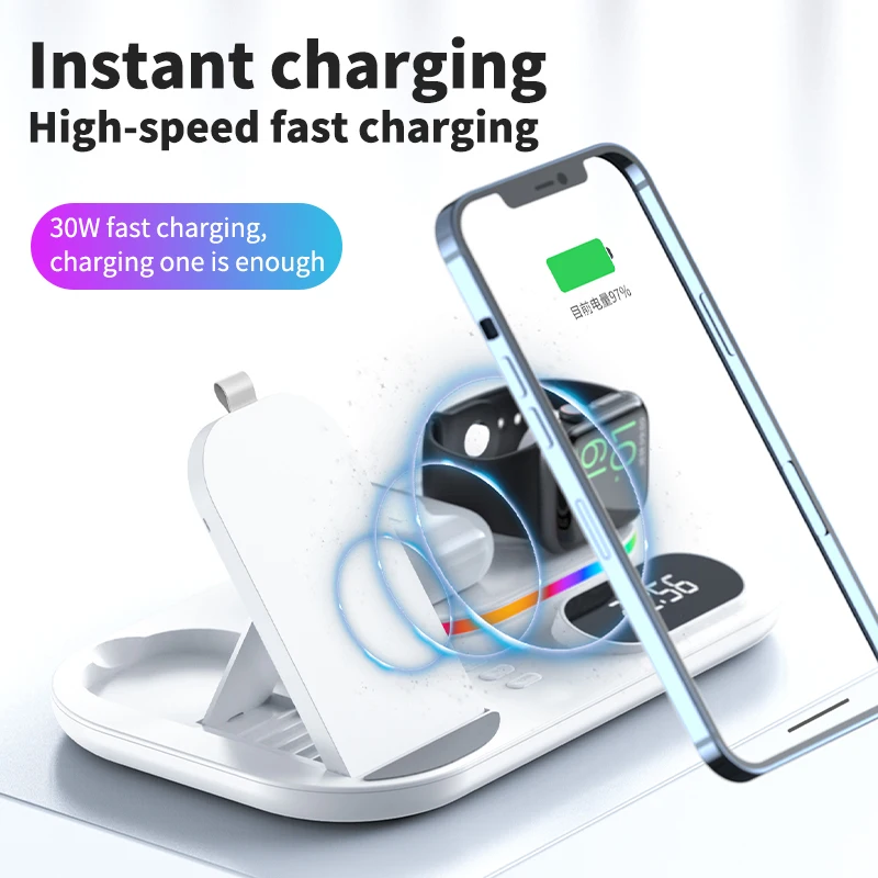 4in1 wireless charger for iphone xs 13 12 11 pro max 4in1 time clock rgb 30w fast charging station for apple watch airpods pro free global shipping