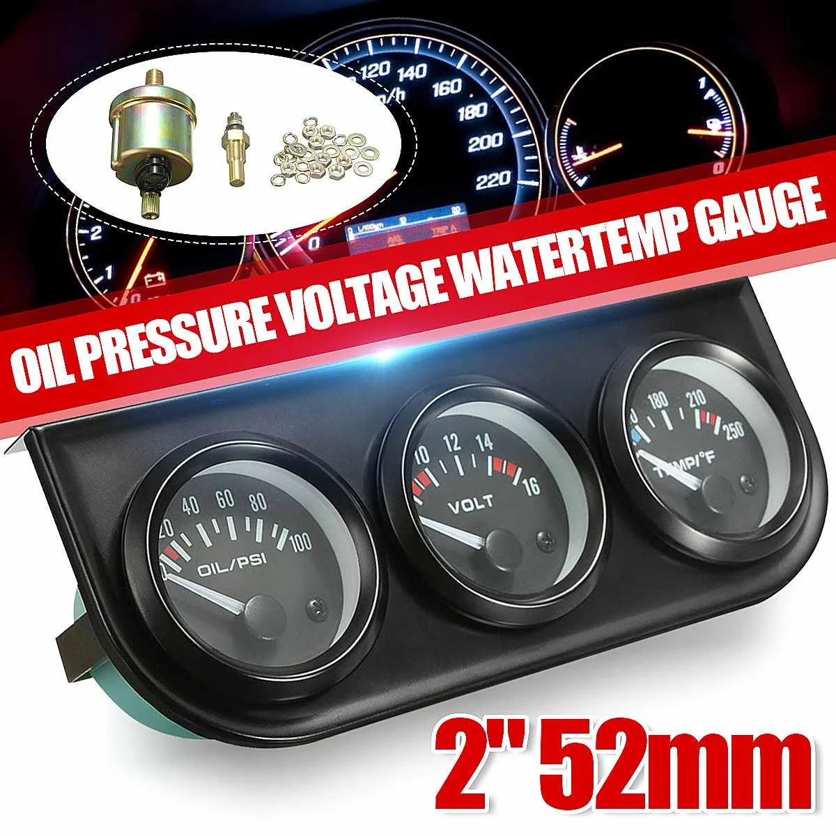 

2'' 52mm 3 In 1 LED back-lit gauges Voltmeter Water Thermometer Oil Pressure Electrical Gauge 3 In 1 Kit Meter TEMP OIL VOLT