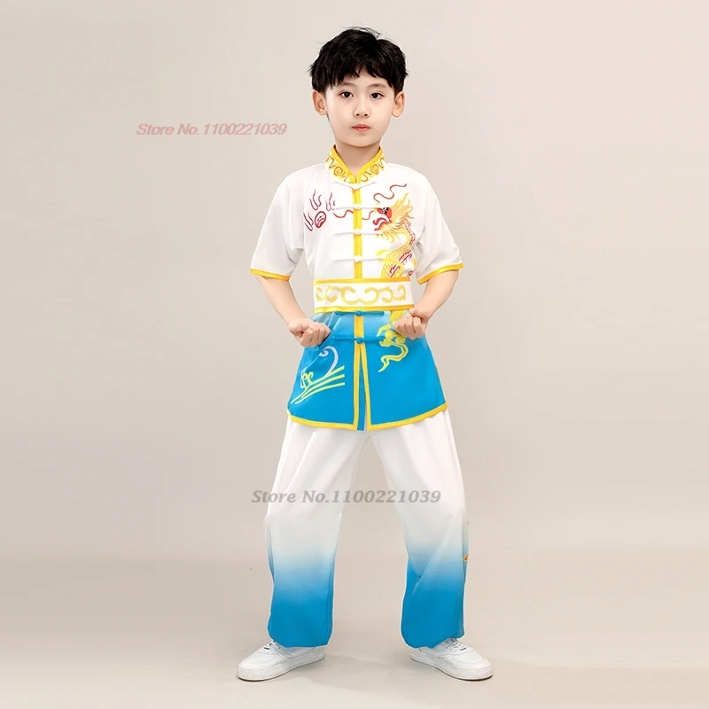 2024 chinese traditional children wushu tai chi martial arts kung fu suit dragon print stage performance training exercise set