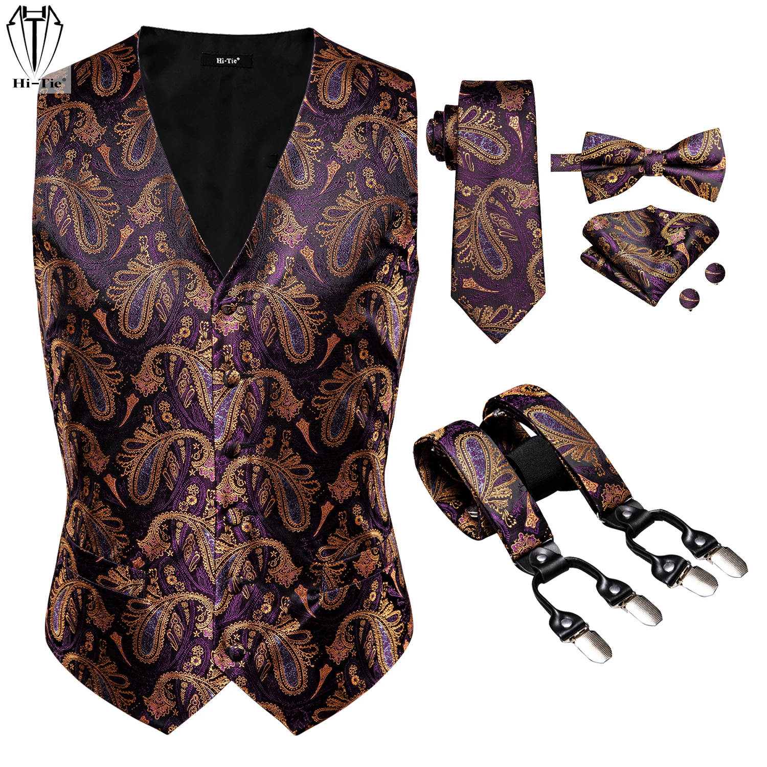 

Hi-Tie Silk Mens Waistcoat Suspender Necktie Bowtie Set Jacquard Vest Braces Tie Hanky Cufflinks Autumn Wedding Business Gift