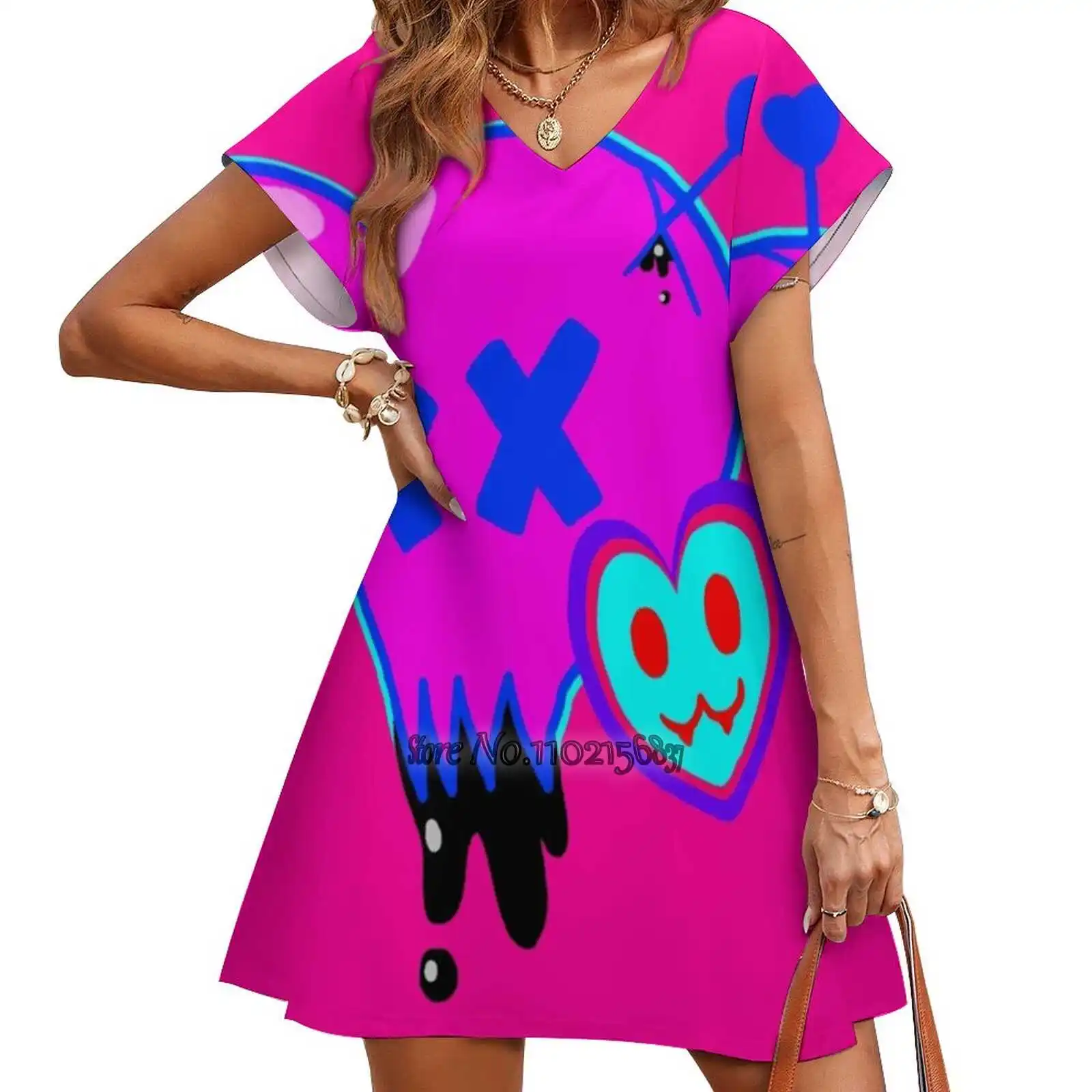 

Женская свободная юбка с коротким рукавом, V-образным вырезом