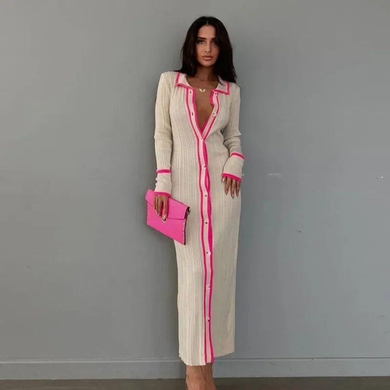 Женское трикотажное платье-кардиган с отложным воротником и длинным рукавом