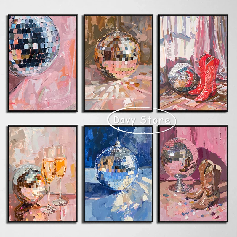 Постер Mirrorball розовый диско-шар преппи холст живопись Y2K модная Веселая Настенная