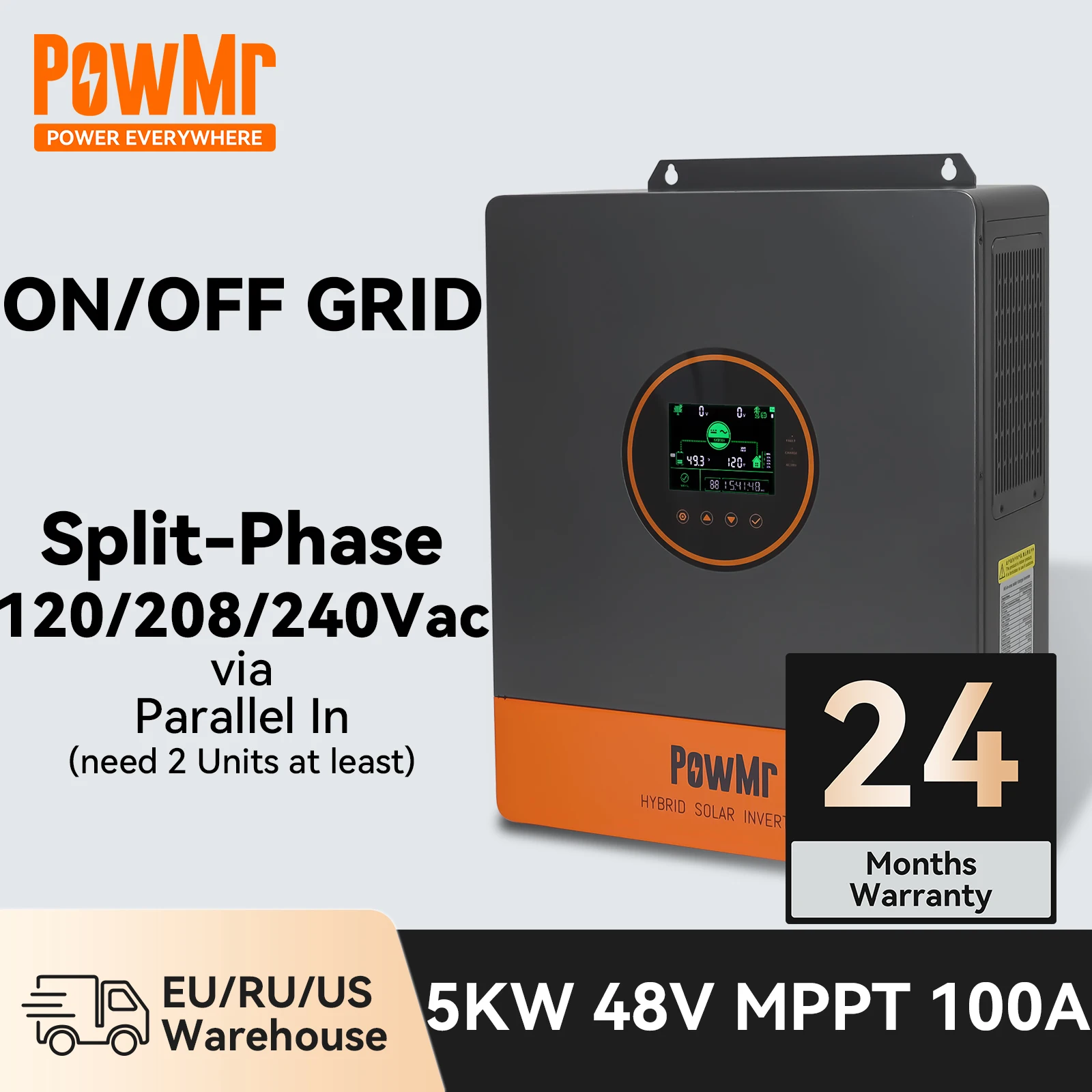 

PowMr Split-Phase 120V 208V 240V Solar Inverter Need Parallel In 2 Units 5KW 48V ON Grid OFF Grid Hybrid Inverter MPPT