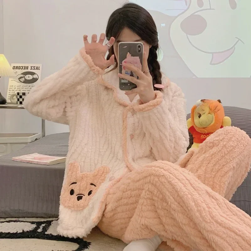 Теплая утепленная одежда для сна милых девочек топы с кукольным воротником брюки