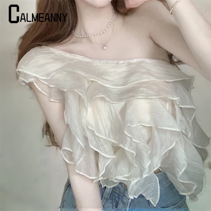 

Women Blouses 2023 Summer Sexy Chiffon Ruffled Shirts Slanted Shoulder Stitching Pleated Ins Skew Collar Lotus Crop Corset Top