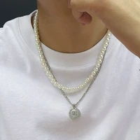 number 9 34 round coin pendant men pearl neck street hip hop punk double layer male pearl necklace jewelry trend wholesale