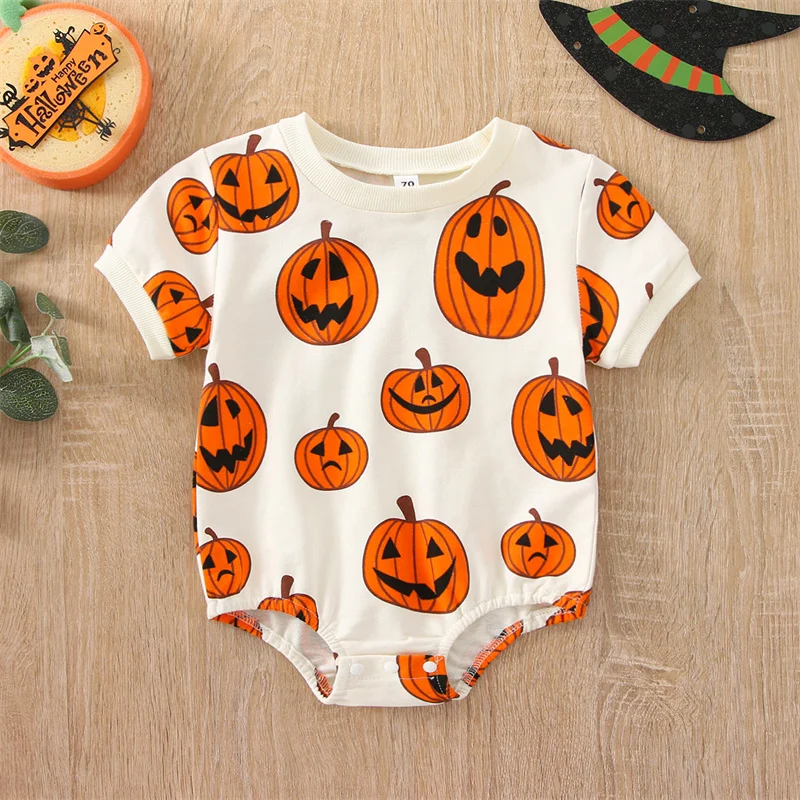 

Halloween Newborn Baby Girl Boy Bodysuit Short Sleeve Cartoon Pumpkin Printed Round Neck Casual Simple Short Jumpsuit