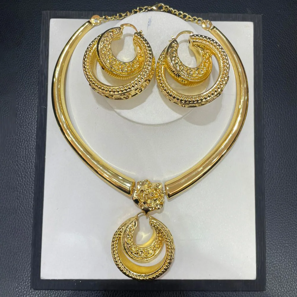

Pendant Necklace and Earring Set for Women Brazilian African Hoop Earrings Gold Plated Necklace Weddings Bridal Jewelry Set Gift