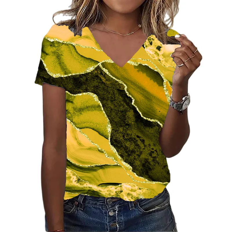 

2022 T-Shirt Women's Summer Rock Crack 3D Printing Short-Sleeved Fashion T-Shirts V-neck Abstract Paint Retro Casual Loose Top