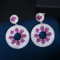 shiny light blue cubic zirconia stone designer flower round dangle drop earrings for women chic party jewelry