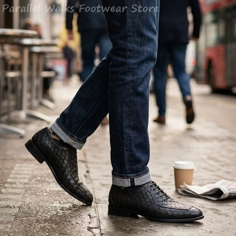 Фото Мужские оксфорды Sartorial из кожи с тиснением под рыбью чешую, броги с острым носком, на шнуровке, для делового стиля, свадебные туфли, оксфорды №3