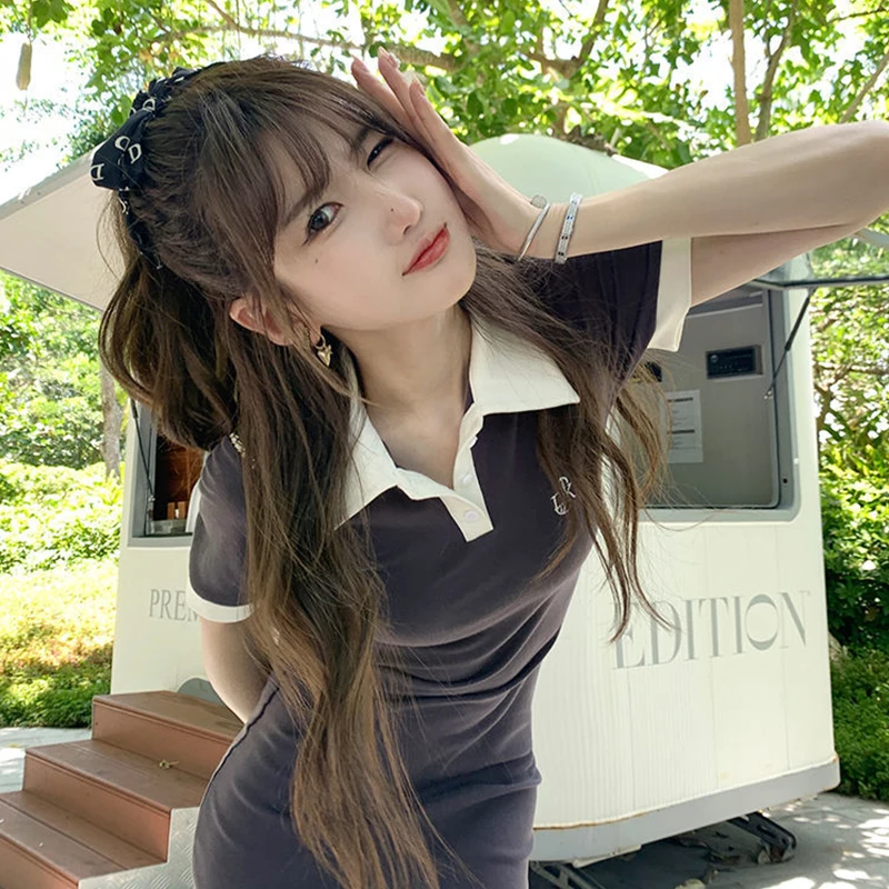 

Polo Collar Color-Block Letter Wmbroidery Dress Women's 2021 Summer New Youthful Vitality Thin Women's Short Skirt