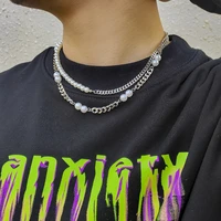 creative metal stitching acrylic pearl necklace hip hop style double layer fashion short chain gift for male personality jewelry