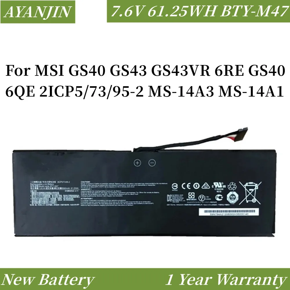 BTY-M47 Аккумулятор для ноутбука MSI GS40 GS43 GS43VR 6RE 6QE 2ICP5/73/95-2 MS-14A3 MS-14A1 7 6 В 61 25 Втч/8060 мАч