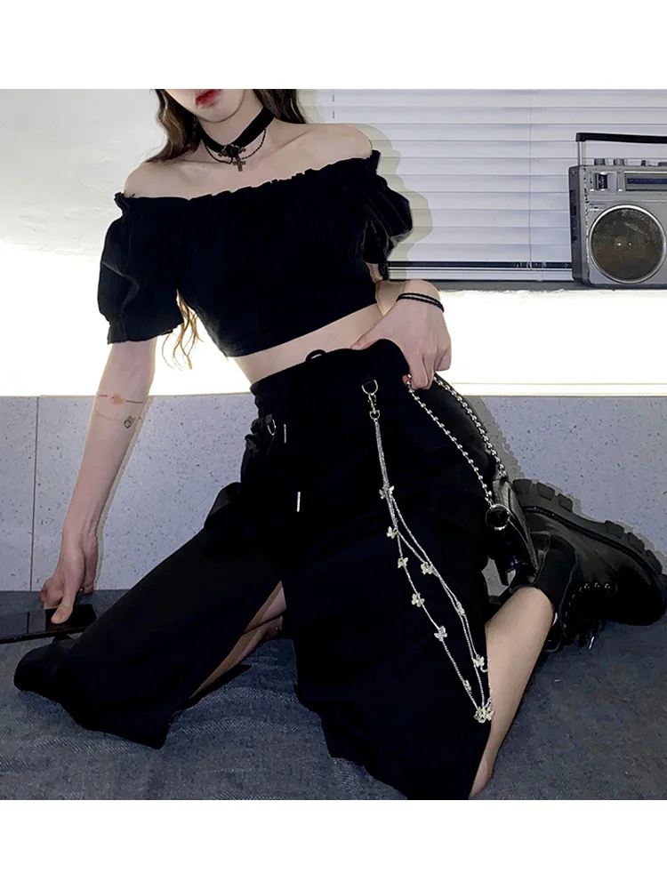 

QWEEK Gothic Techwear Chain Black Cargo Skirts Punk Emo Pockets Split Long Skirt Harajuku Sexy Puff Sleeve Ruffle Tunic Crop Top