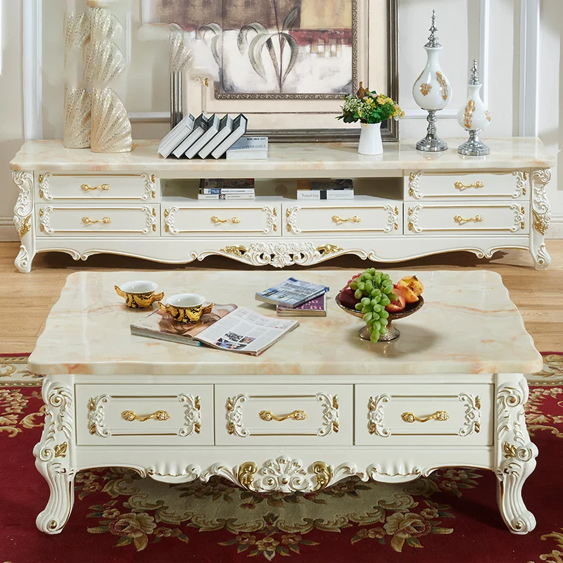 

1European style tea table TV cabinet combination full solid wood tea table living room furniture combination set