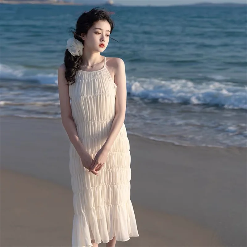 

Sleeveless Dress Women White Loose Beach Long Dresses Pleated A-line Dress 2023 Summer Fashion Long Party Beach Dress Vestido