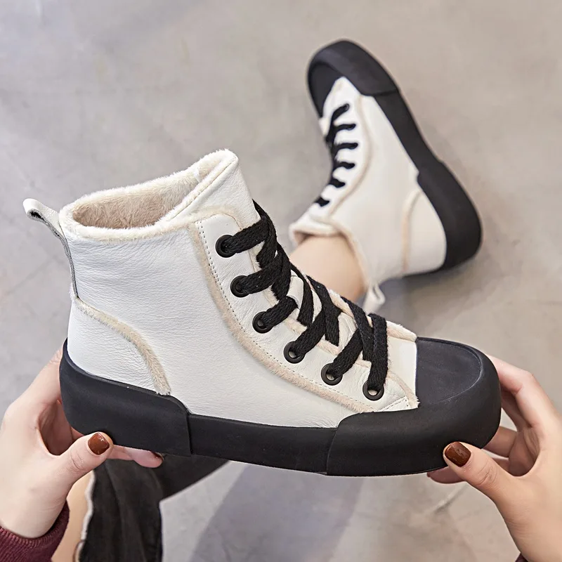 

Новинка 2022, зимние высокие туфли с круглым носком, повседневные теплые туфли для скейтборда, кожаные туфли с бархатной подкладкой, белые туф...