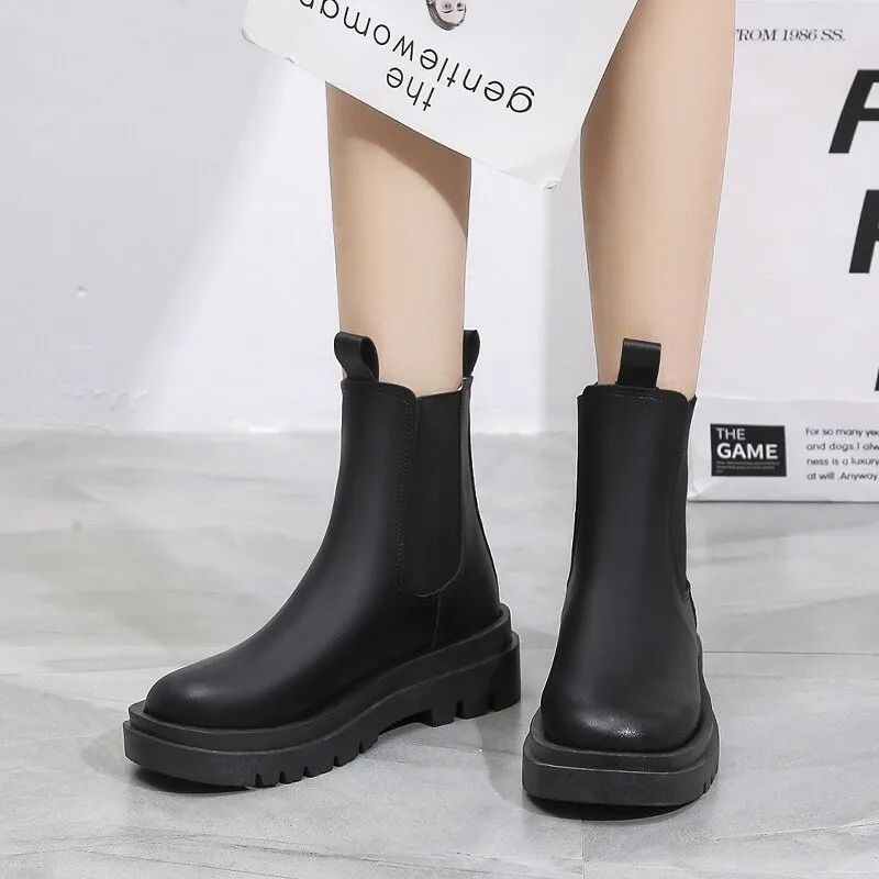 Plus Size autumn and Winter New Boots Women's Trendy Thick-soled Heightened Short Boots Flat-bottomed Thin Boots Mid-well Boots