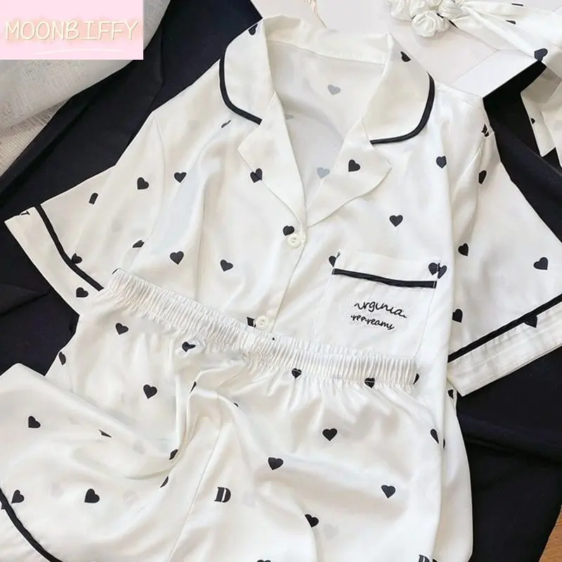 

Пикантная Женская пятнистая пижама в Корейском стиле, комплект из двух предметов, Шелковый кардиган с лацканами и длинным рукавом, брюки, пижама с принтом для женщин