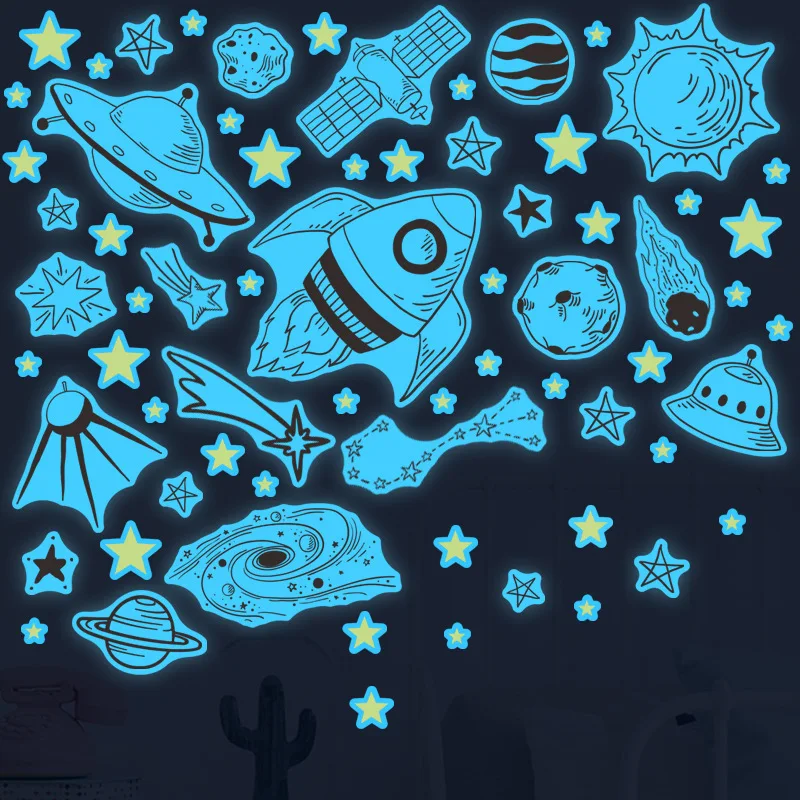 

Luminous Sticker Space Stars Comets Spaceships Vintage Galaxy Glow In Dark Self Adhesive Vinyl Stickers Space Travel