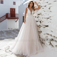 charming boho wedding dress a line v neck spaghetti straps appliques floor length backless bridal gown custom vestidos de noiva