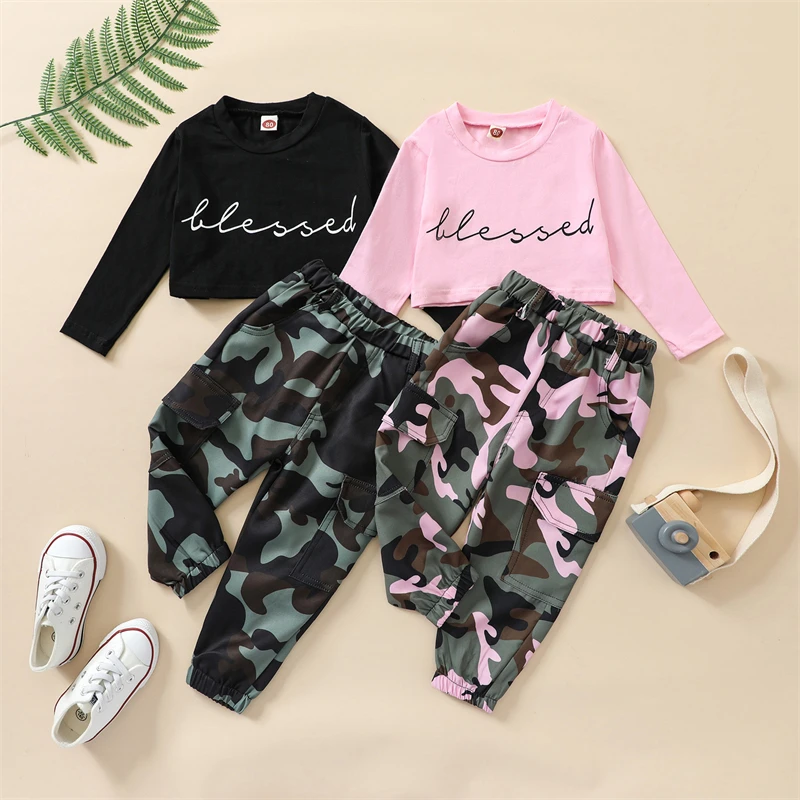 

Kids Girls Clothes Set Spring Autumn Letter Print Top and Camouflage Trousers Suit for Babies Cotton Cropped Children's Clohing
