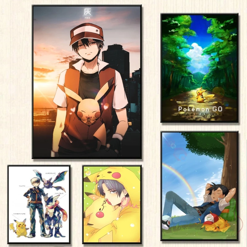 

Canvas Artwork Painting Pokemon Ash Ketchum Pikachu Picture Friends Gifts Wall Stickers Poster Toys Kid Action Figures