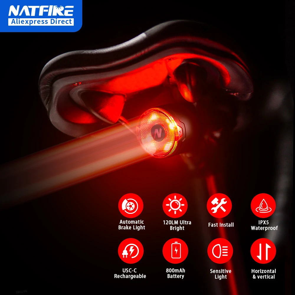 Умный задний фонарь для велосипеда NATFIRE A09 с датчиком торможения