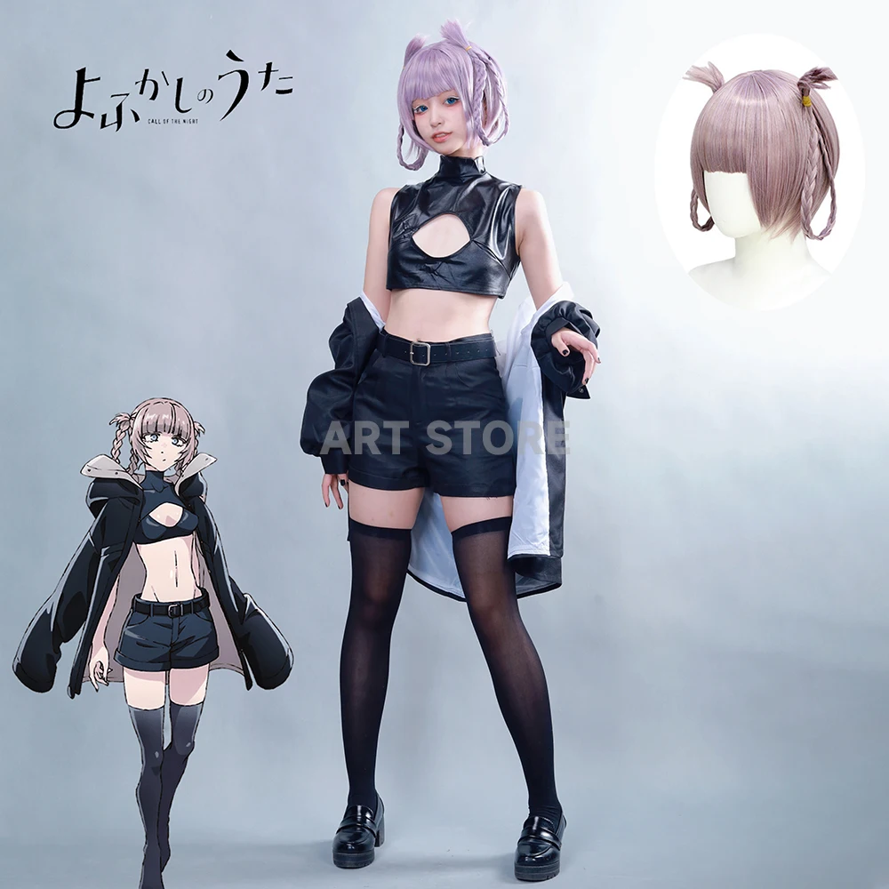 

Nanakusa Nazuna Cosplay Anime Call of The Night Costume Wig Set Black Cloak Jacket Leather Vest Shorts Outfit Party Dress Up