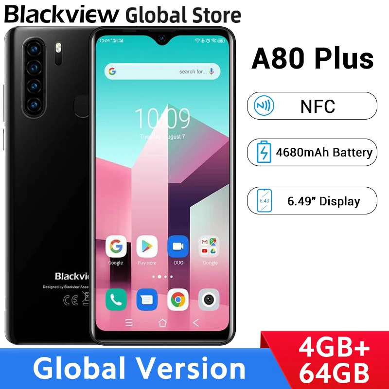 

Global Version Blackview A80 Plus 4GB RAM 64GB ROM Smartphone NFC Octa Core 6.49" HD Display Mobile Phone 4680mAh Battery