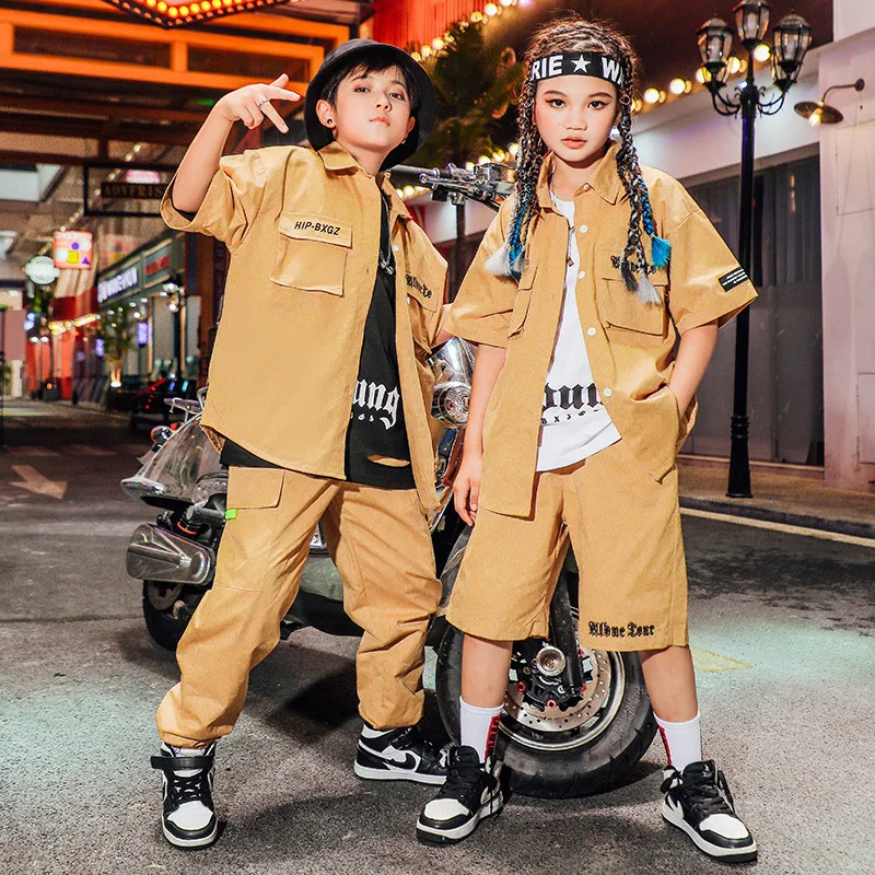 

Kid Kpop Hip Hop Clothing Khaki Print Shirt Top Streetwear Cargo Pants Summer Shorts for Girl Boy Jazz Dance Costume Clothes Set