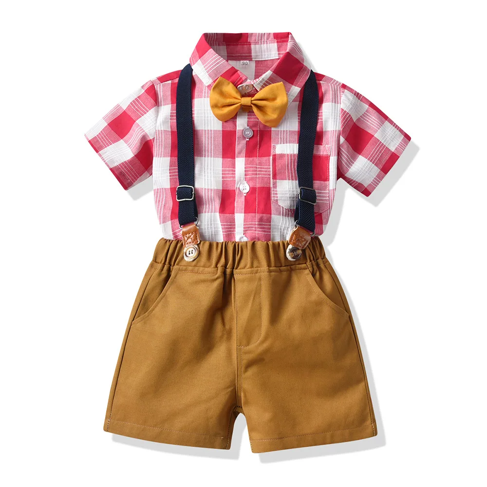 

Детская одежда в Корейском стиле, оптовая продажа, Детский костюм, новинка весны и лета, клетчатая рубашка с подтяжками и галстуком-бабочкой для мальчиков, комплект для мальчиков
