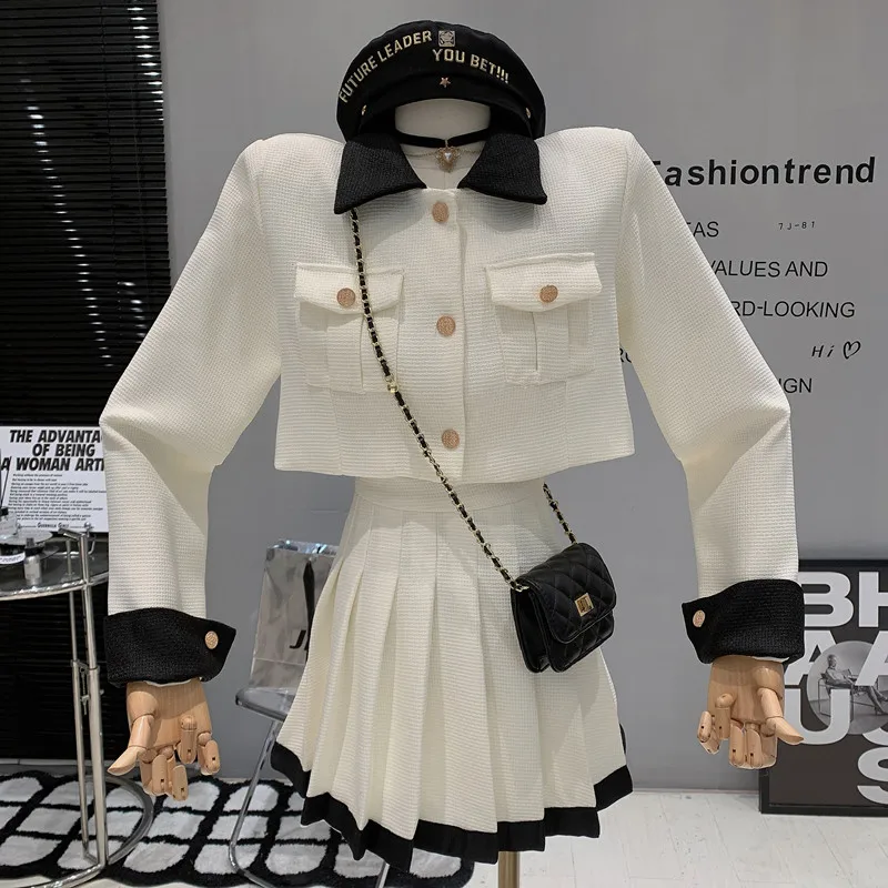

Niche Design New In Women's Clothing 2023 Spring Contrast Color Long Sleeve Top Jacket High Waist Pleated Skirt Two-piece Set